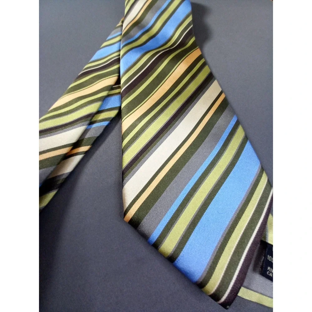 Banana Republic 100% Silk Striped Necktie Green Blue Olive Gray‎ Cream Mens Tie